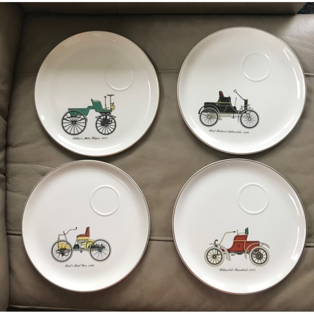Set of 4 23k Gold Rimmed Salem China Antique Vintage Car Lunch‎ Plates 9.5"